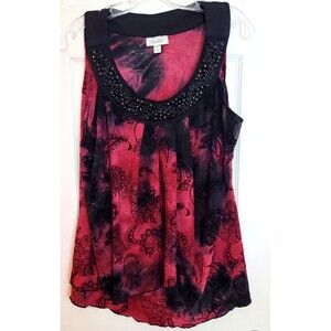 Y2K Vintage Dress Barn Tank Top XL Tiered Floral Burnout Velvet Beaded Neckline